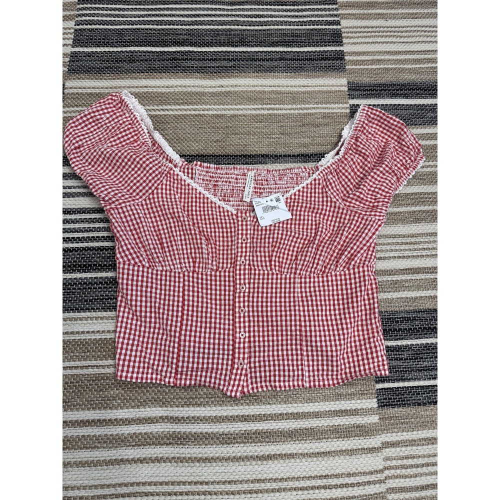 American Eagle Outfitters Blouse Women's Large Red Gingham Smocked Cotton Linen